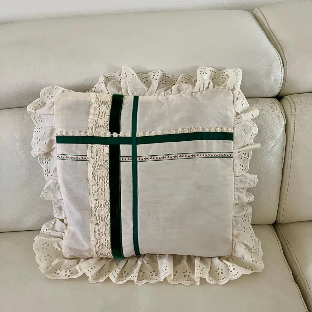 Elegant Cream and Green Holiday Pillow 15/16 inches